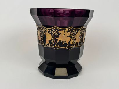 Colored glass vase with cut sides, decorated...