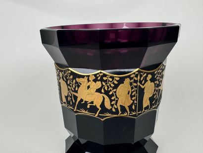 Colored glass vase with cut sides, decorated...