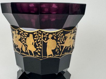 Colored glass vase with cut sides, decorated...