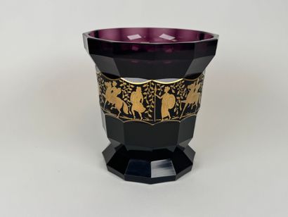 Colored glass vase with cut sides, decorated...