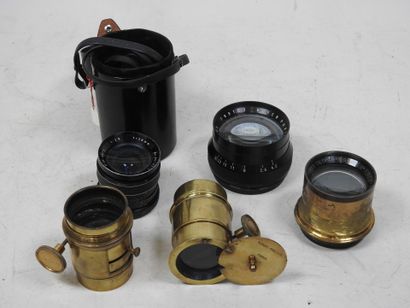 Set of five camera lenses, three in brass:...
