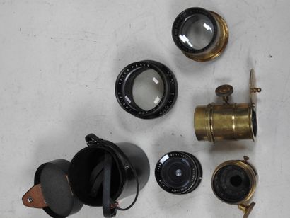Set of five camera lenses, three in brass:...