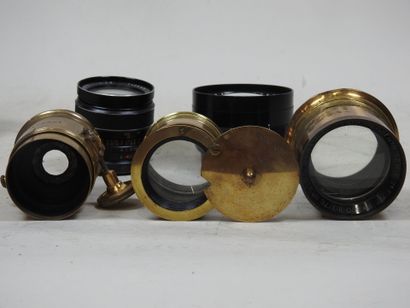 Set of five camera lenses, three in brass:...