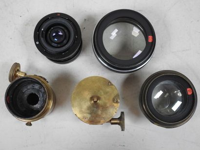Set of five camera lenses, three in brass:...