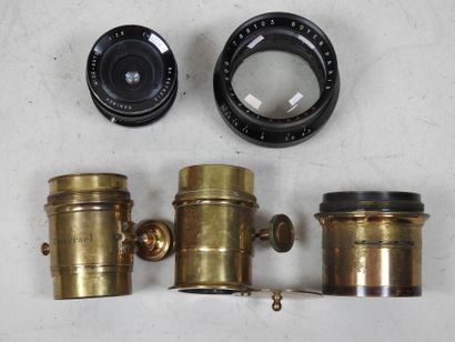 Set of five camera lenses, three in brass:...