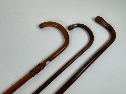 Trois cannes en bois et bambou, l'une avec...