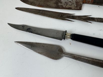 Lot de haches et flèches en métal et bois.
L....