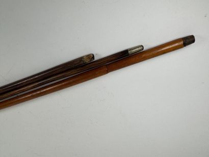 Trois cannes en bois et bambou, l'une avec...