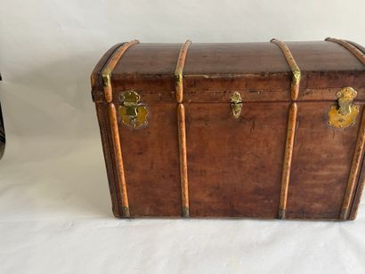 Wooden trunk, leather-covered and reinforced...
