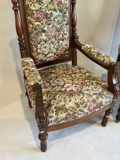 Two mahogany and oak molded and carved armchairs,...