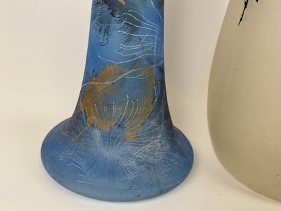 Three glass vases, one painted with flowers,...