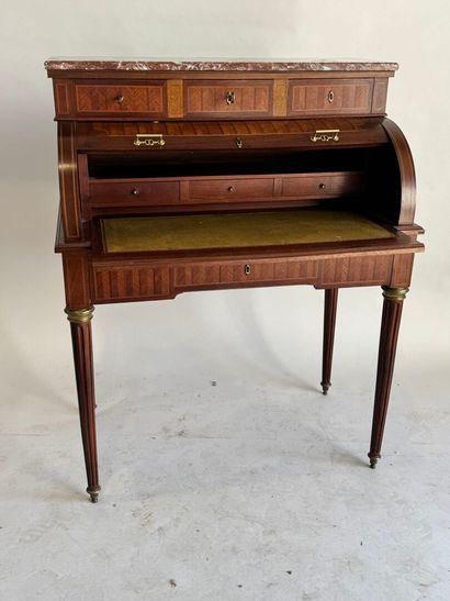 Cylinder desk in veneer and chevron inlay,...