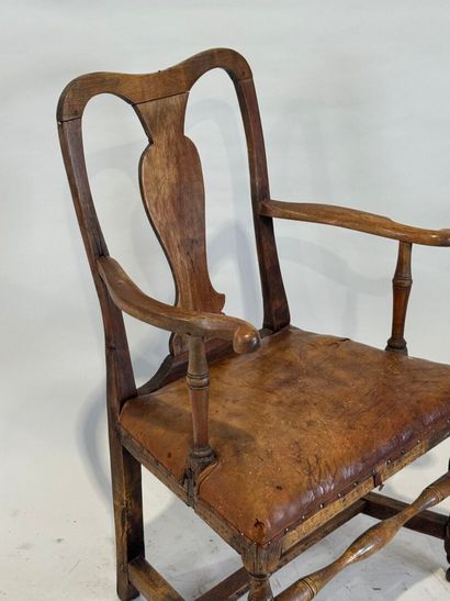 Molded wood armchair, leather seat, H-shaped...