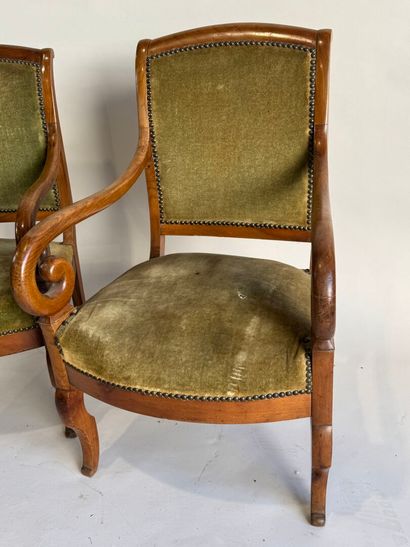 Pair of fruitwood armchairs, scrolled armrests,...