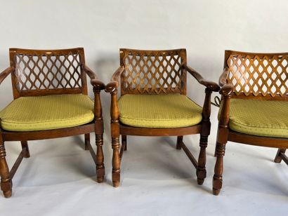 Set of three armchairs in natural wood, with...