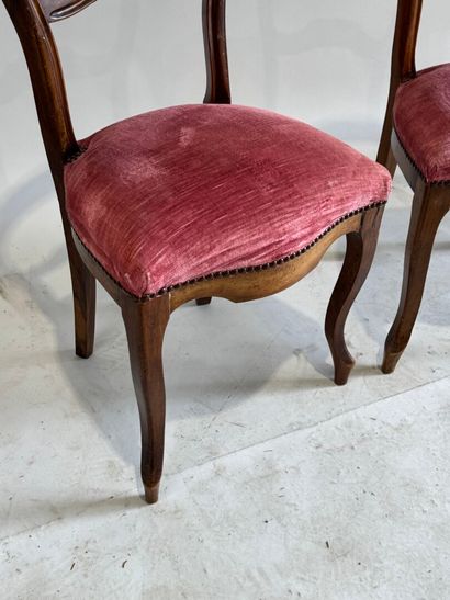 Pair of molded walnut chairs with pink velvet...