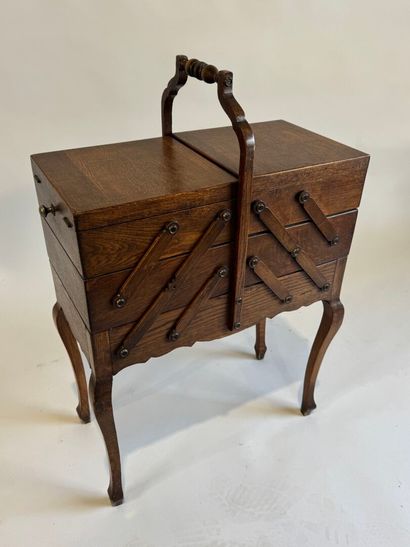 Oak workbench with folding drawers, compartmentalized...