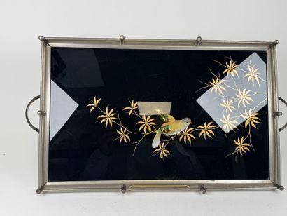 Rectangular tray with two metal and glass...