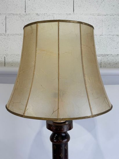 Turned wood floor lamp with gold stylized...