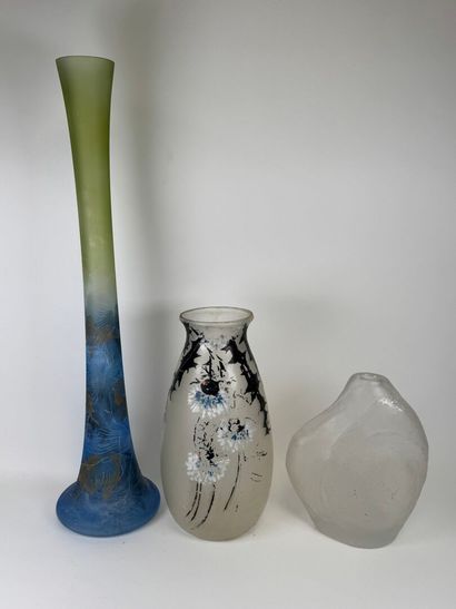 Three glass vases, one painted with flowers,...