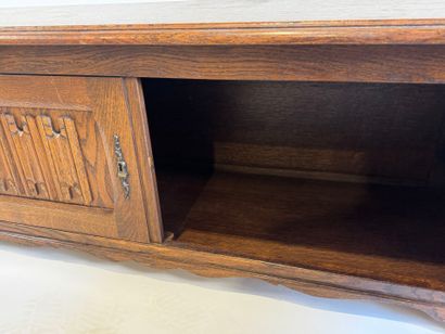 Moulded and carved oak chest opening with...