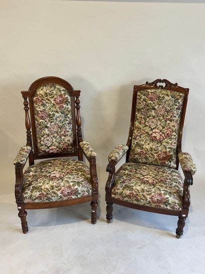 Two mahogany and oak molded and carved armchairs,...