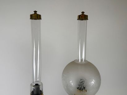 Pair of glazed ceramic kerosene lamps on...