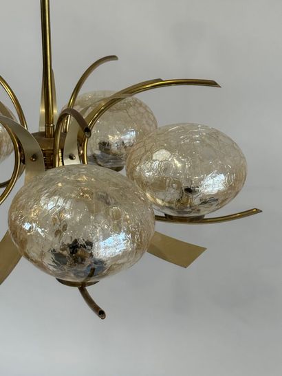 Brass and colored glass chandelier with 5...