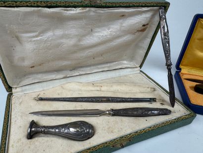 Suite of two desk sets, one in filled silver,...
