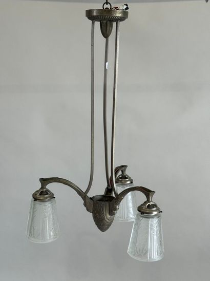 Metal and pressed glass chandelier with stylized...