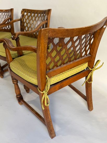 Set of three armchairs in natural wood, with...