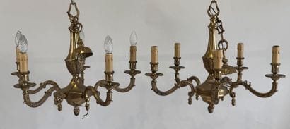 Pair of patinated and chased bronze five-light...
