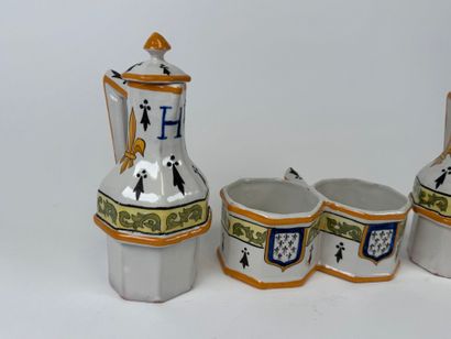 Polychrome earthenware oil and vinegar cruet...
