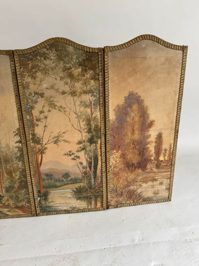 Three-leaf silk screen painted with a bucolic...