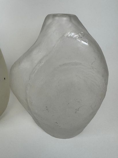 Three glass vases, one painted with flowers,...
