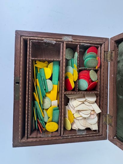 Wooden and marquetry token box, the lid decorated...