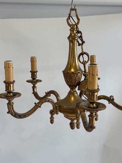 Pair of patinated and chased bronze five-light...