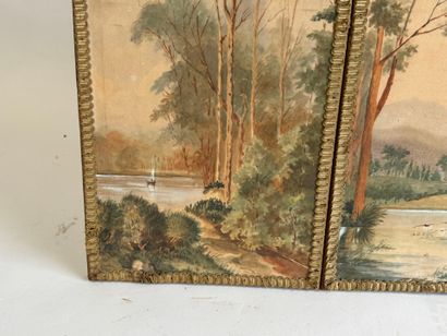 Three-leaf silk screen painted with a bucolic...