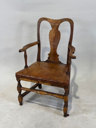 Molded wood armchair, leather seat, H-shaped...