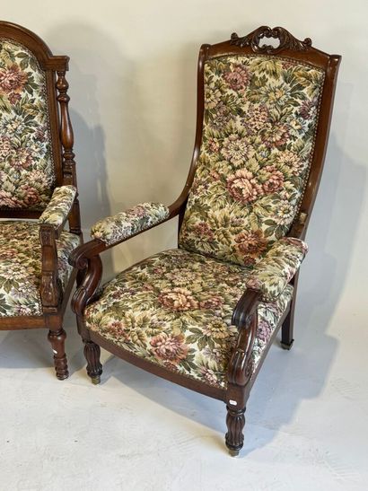 Two mahogany and oak molded and carved armchairs,...