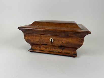 Wood and veneer chest in the shape of a sarcophagus.
Restoration...