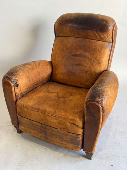 Club armchair in havana leather with arched...