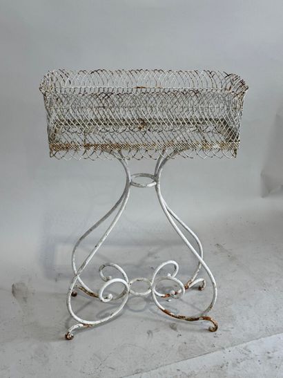 White lacquered metal planter, scrolled base,...