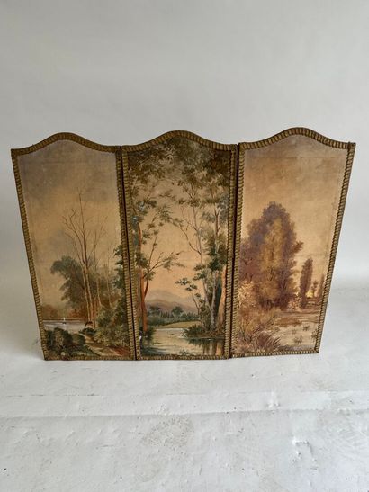Three-leaf silk screen painted with a bucolic...