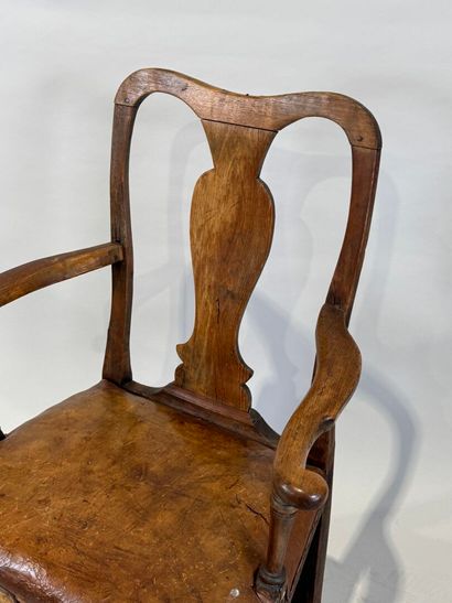Molded wood armchair, leather seat, H-shaped...