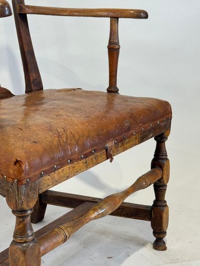 Molded wood armchair, leather seat, H-shaped...