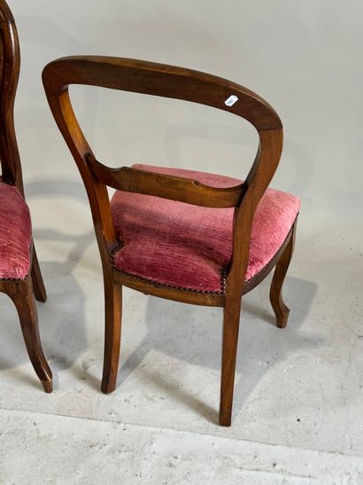 Pair of molded walnut chairs with pink velvet...