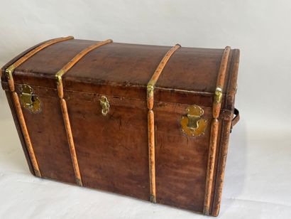 Wooden trunk, leather-covered and reinforced...