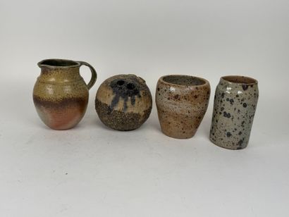 Set of two stoneware pots, a flower holder...