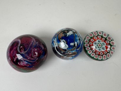 Suite of three sulfides, one with millefiori...